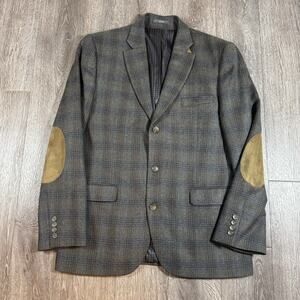 Joseph Abboud Plaid Windowpane Blazer Wool Elbow Patch Sport Coat 42R Slim